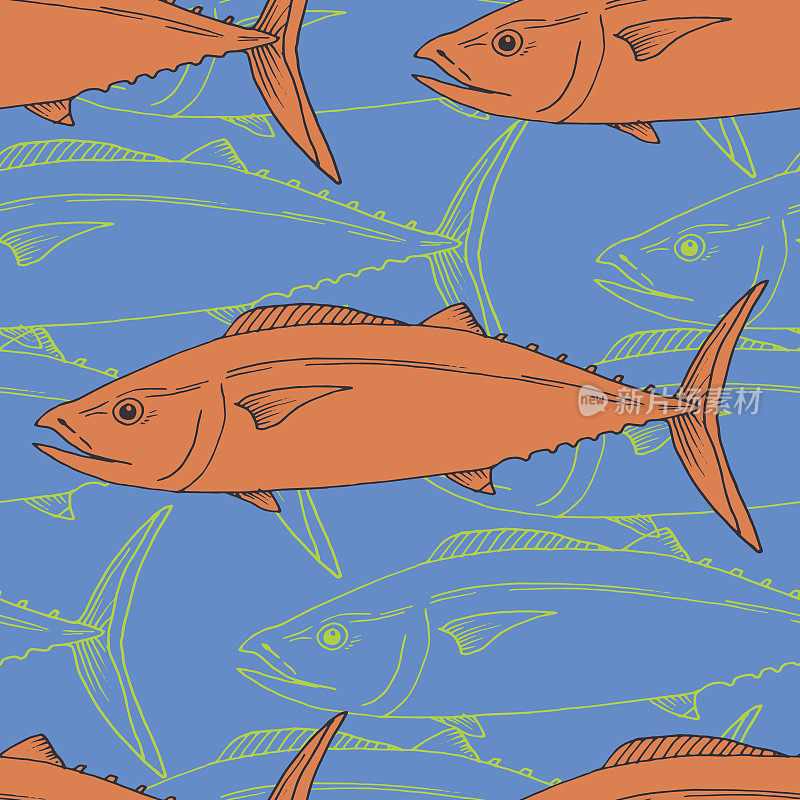 Vector seamless pattern with tuna fish